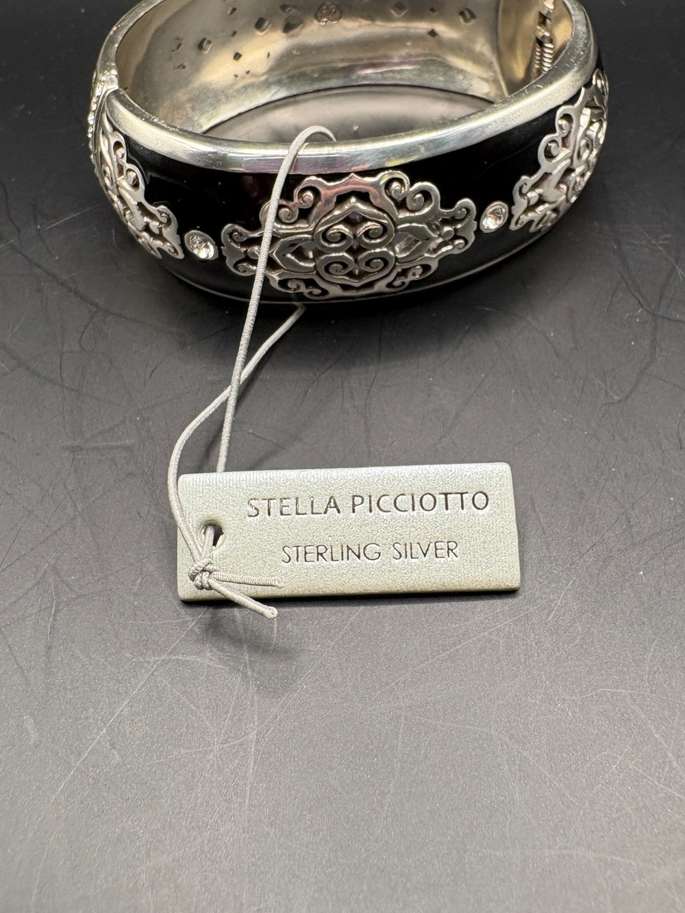 Stella Picciotto Sterling Silver Black Enamel Crystal Hinged Cuff Bracelet